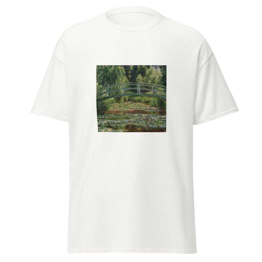 Unisex t-shirt featuring Claude Monet 'Japanese Footbridge Giverny' artwork, shown in White, front view, sizes S–5XL