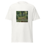 Unisex t-shirt featuring Claude Monet 'Japanese Footbridge Giverny' artwork, shown in White, front view, sizes S–5XL