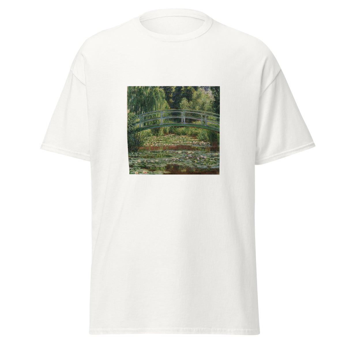 Unisex t-shirt featuring Claude Monet 'Japanese Footbridge Giverny' artwork, shown in White, front view, sizes S–5XL