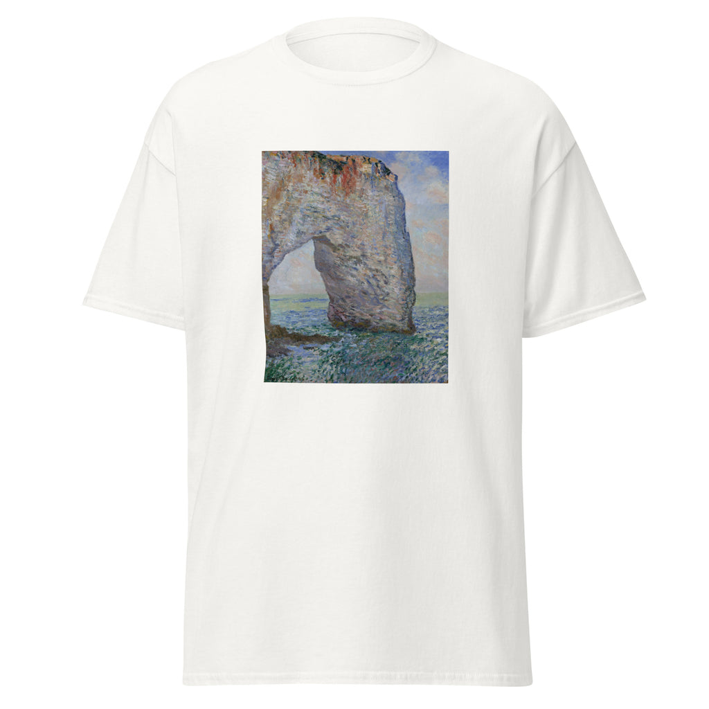 Unisex t-shirt featuring Claude Monet 'The Manneporte near Étretat' artwork, shown in White, front view, sizes S–5XL