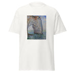 Unisex t-shirt featuring Claude Monet 'The Manneporte near Étretat' artwork, shown in White, front view, sizes S–5XL