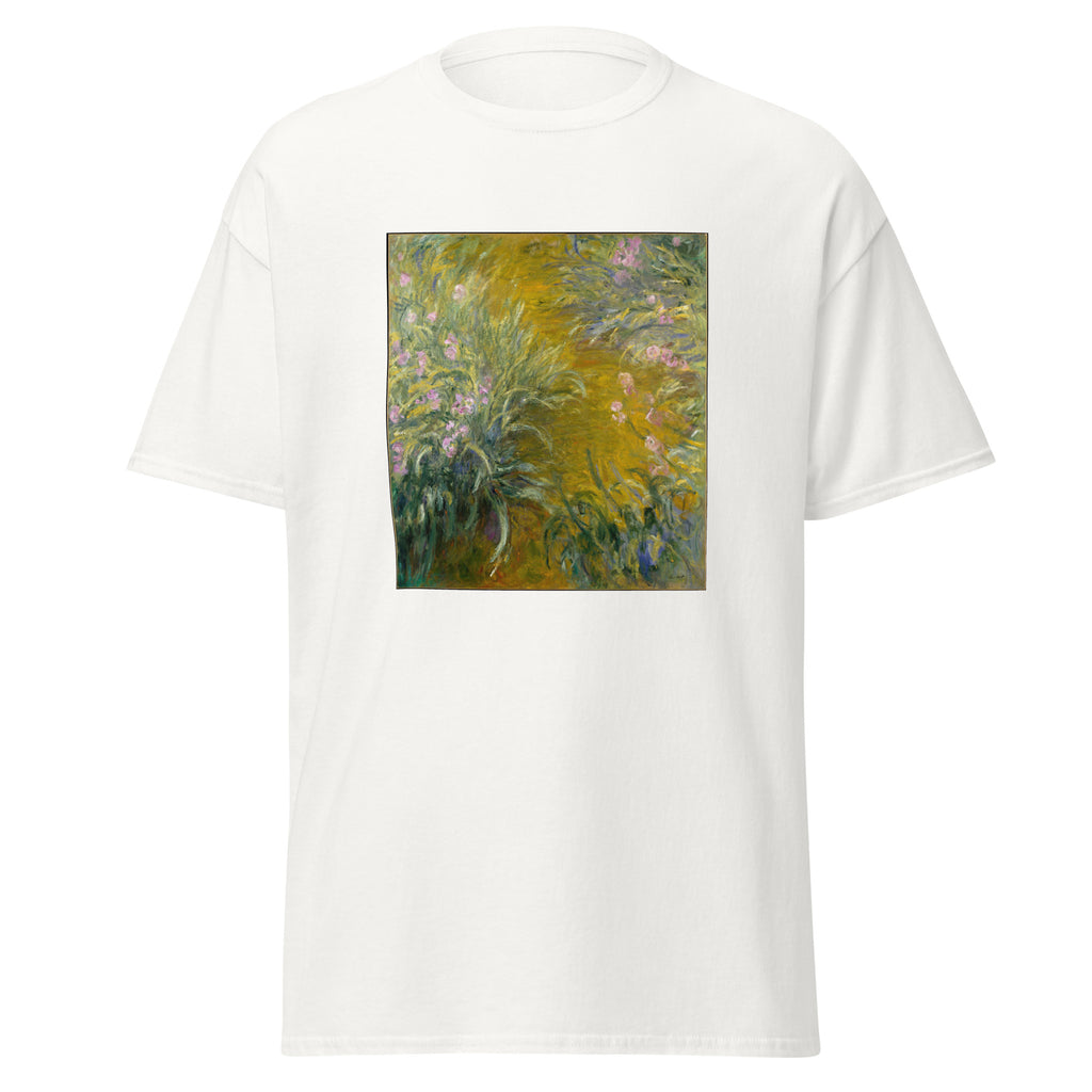 Unisex t-shirt featuring Claude Monet 'Path through the Irises' artwork, shown in White, front view, sizes S–5XL