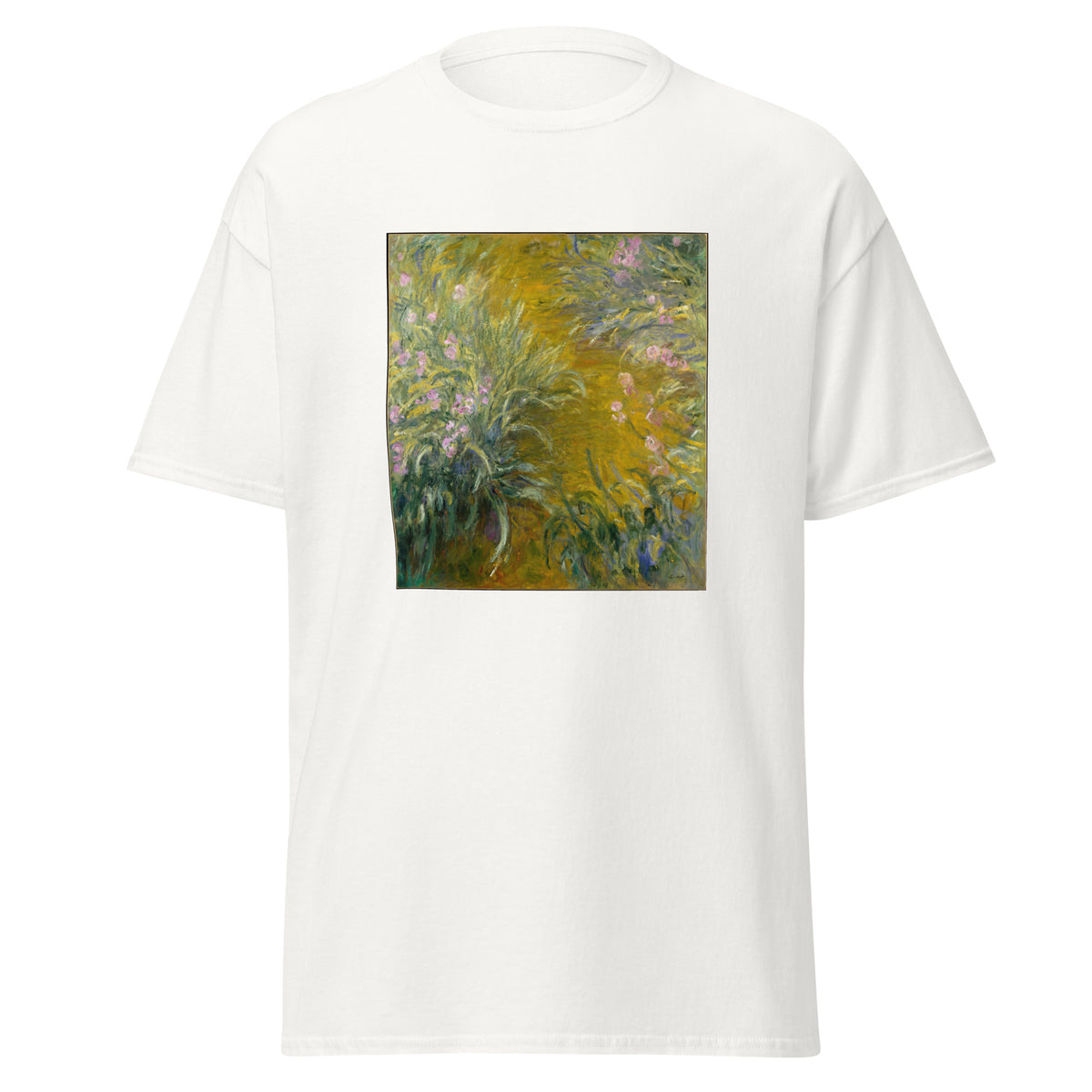 Unisex t-shirt featuring Claude Monet 'Path through the Irises' artwork, shown in White, front view, sizes S–5XL