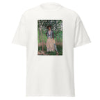 Unisex t-shirt featuring Claude Monet 'The Stroller' artwork, shown in White, front view, sizes S–5XL