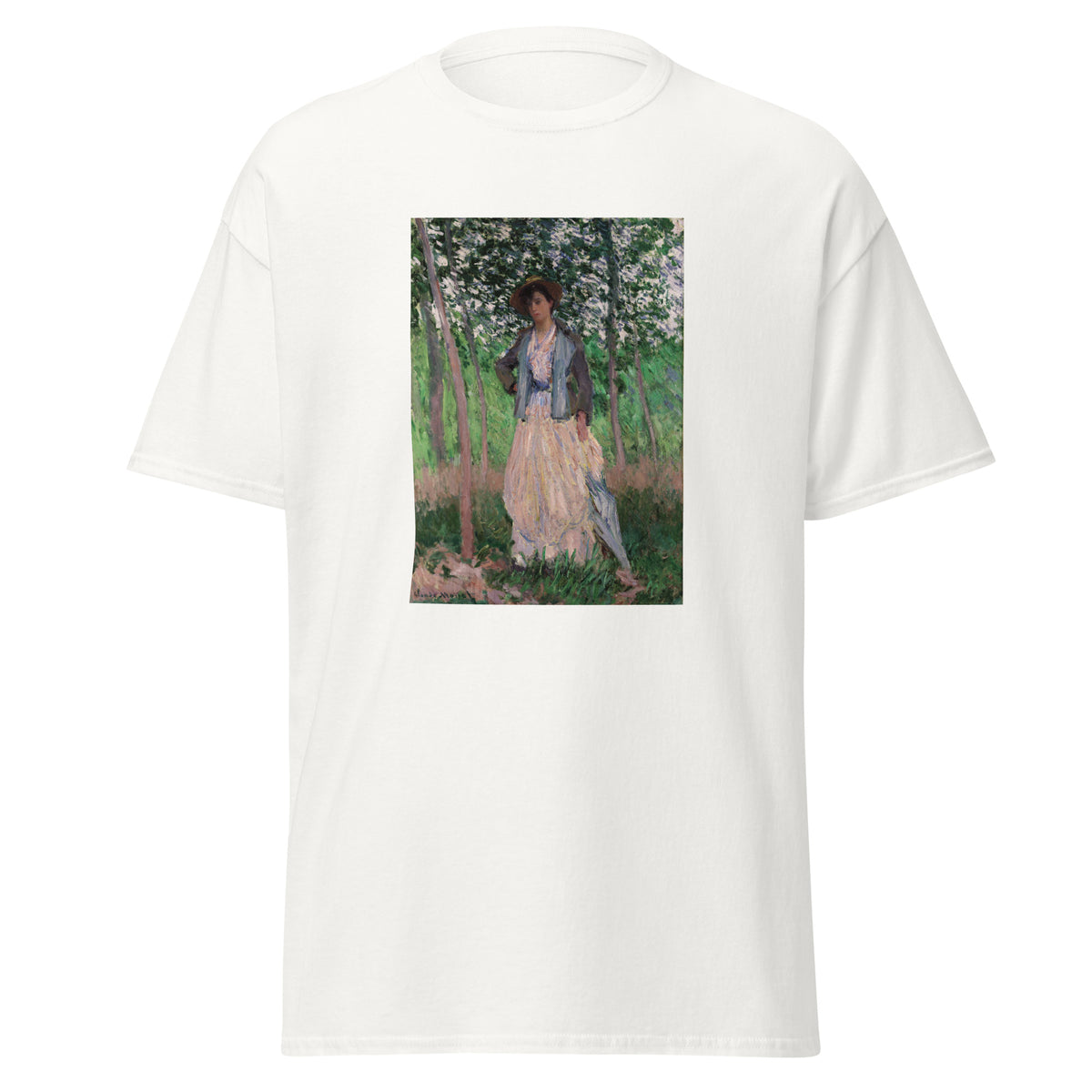 Unisex t-shirt featuring Claude Monet 'The Stroller' artwork, shown in White, front view, sizes S–5XL