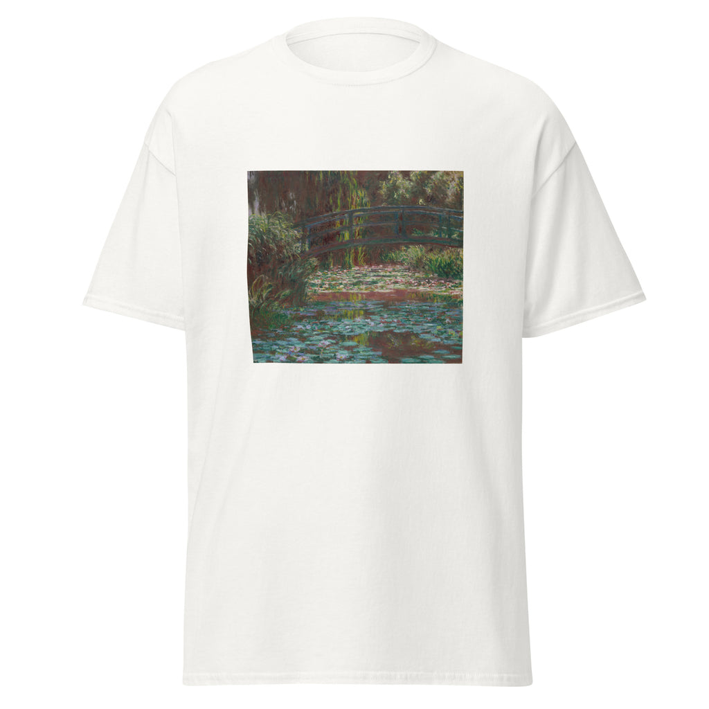 Unisex t-shirt featuring Claude Monet 'Water Lily Pond' artwork, shown in White, front view, sizes S–5XL