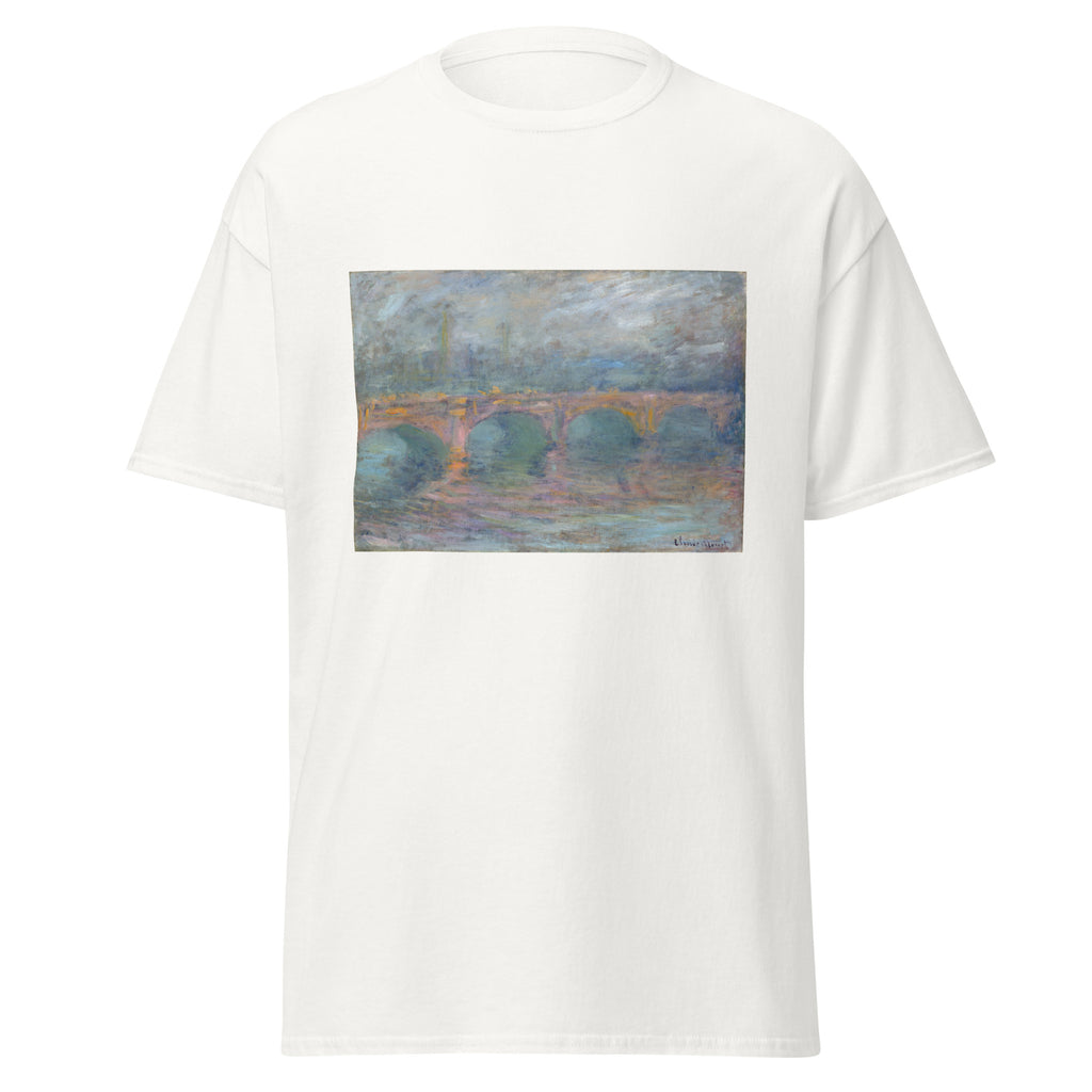 Unisex t-shirt featuring Claude Monet 'Waterloo Bridge at Sunset' artwork, shown in White, front view, sizes S–5XL