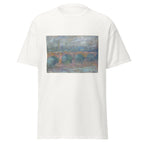 Unisex t-shirt featuring Claude Monet 'Waterloo Bridge at Sunset' artwork, shown in White, front view, sizes S–5XL