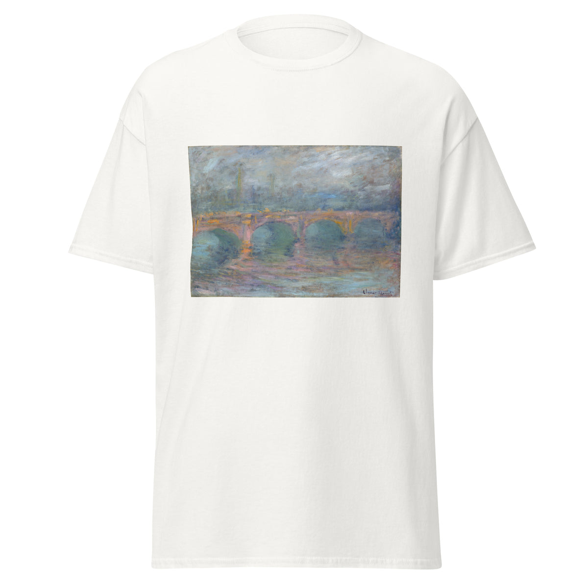 Unisex t-shirt featuring Claude Monet 'Waterloo Bridge at Sunset' artwork, shown in White, front view, sizes S–5XL