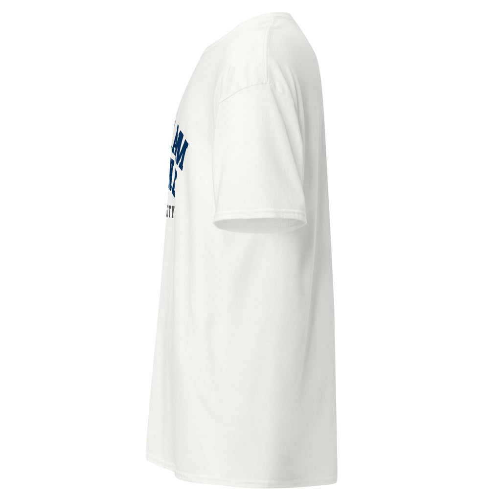 Unisex classic tee featuring Brigham Young University name and branding in navy and white