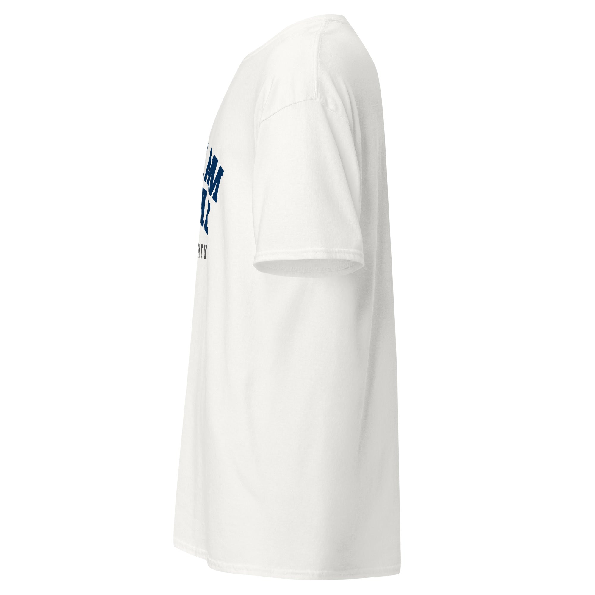 Unisex classic tee featuring Brigham Young University name and branding in navy and white