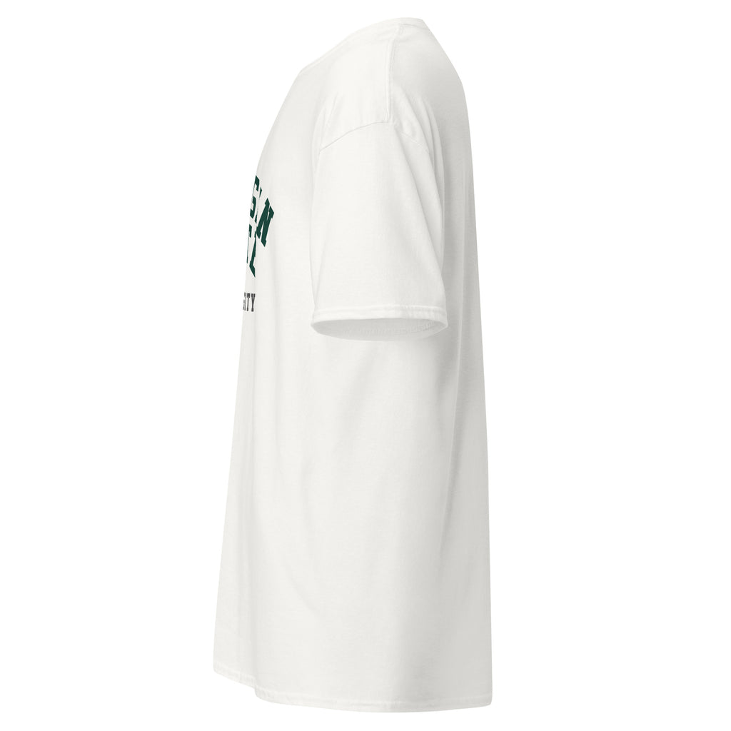 Unisex classic tee featuring Michigan State University name and branding in green and white