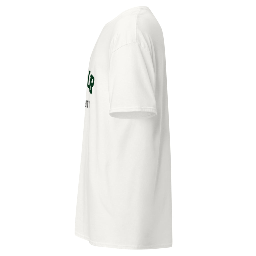 Unisex heather gray t-shirt featuring Baylor University logo printed across the front chest