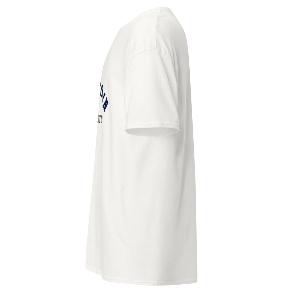 Unisex navy blue t-shirt featuring Georgetown University logo printed across the front chest