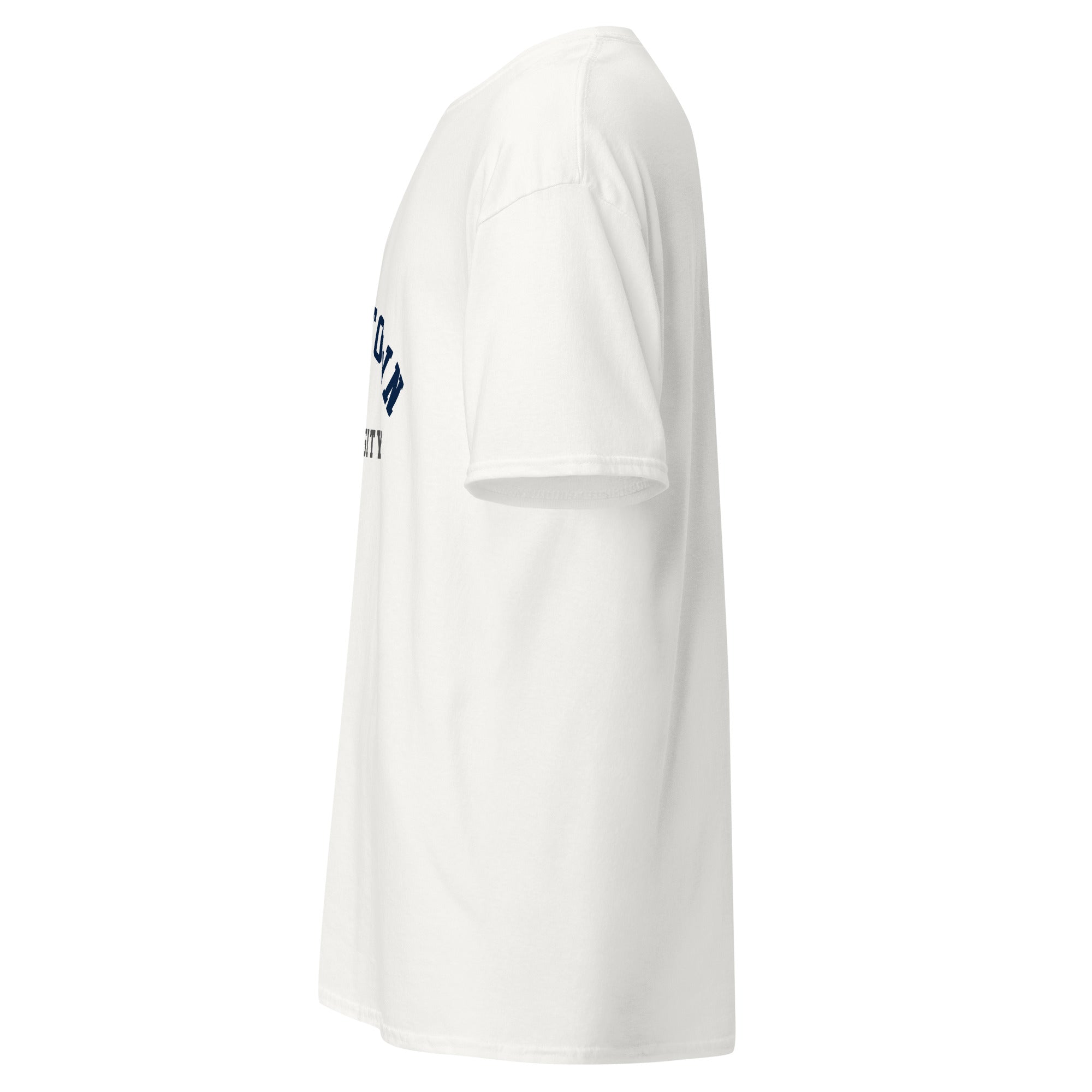 Unisex navy blue t-shirt featuring Georgetown University logo printed across the front chest