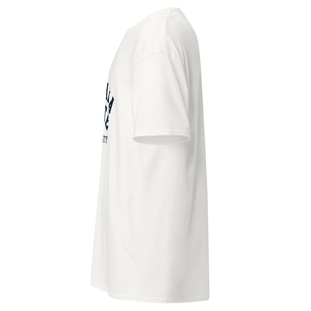 Unisex navy blue t-shirt featuring Montana State University logo printed across the front chest