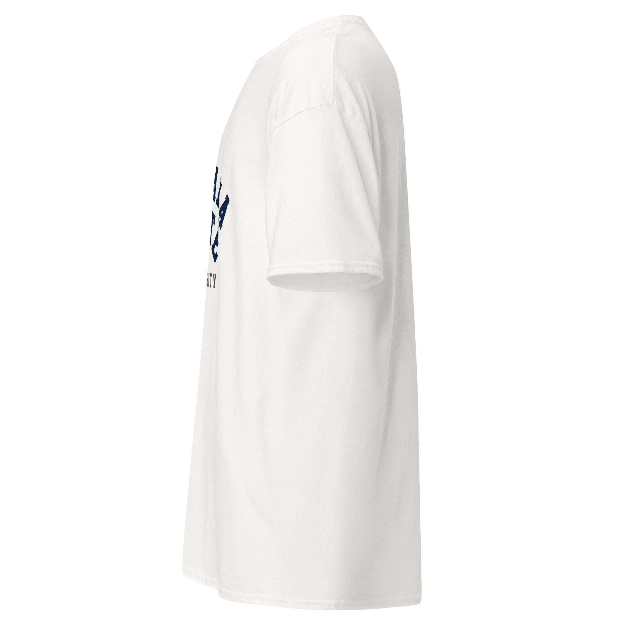 Unisex navy blue t-shirt featuring Montana State University logo printed across the front chest