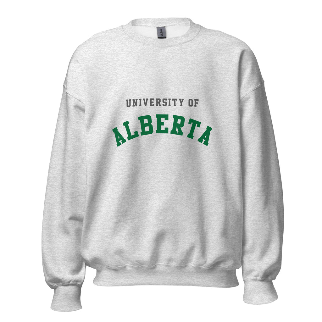 Unisex sweatshirt featuring University of Alberta name and branding in green and gold