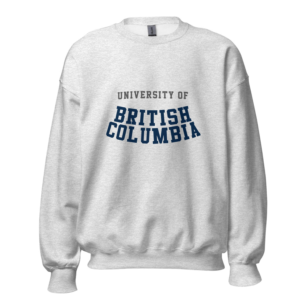 Unisex sweatshirt featuring University of British Columbia name and branding in blue and gold