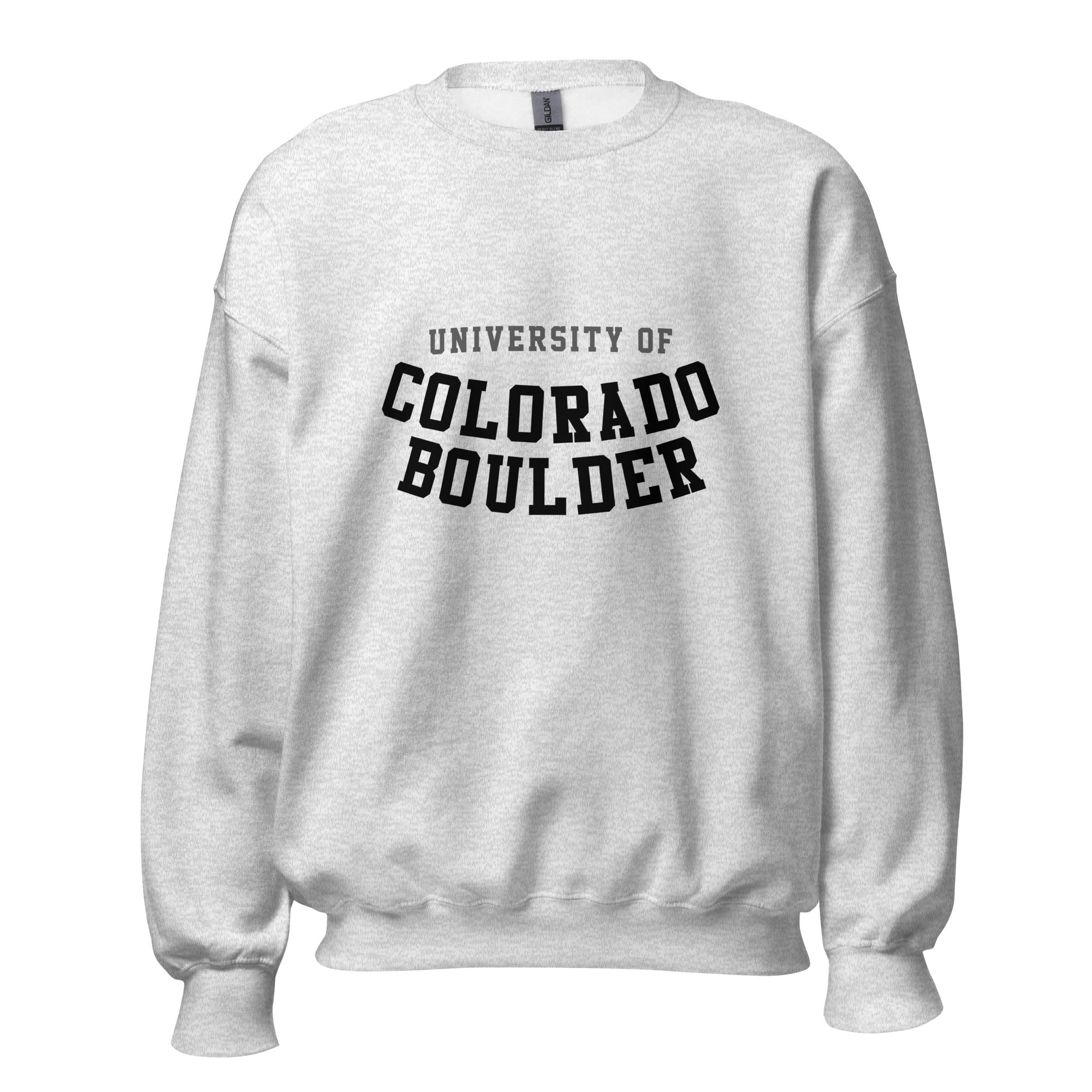 Unisex sweatshirt featuring University of Colorado Boulder name and branding in gold and black