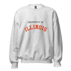 Unisex sweatshirt featuring University of Illinois name and branding in orange and navy blue