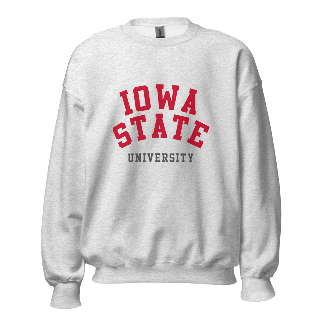 Unisex sweatshirt featuring Iowa State University name and branding in cardinal and gold