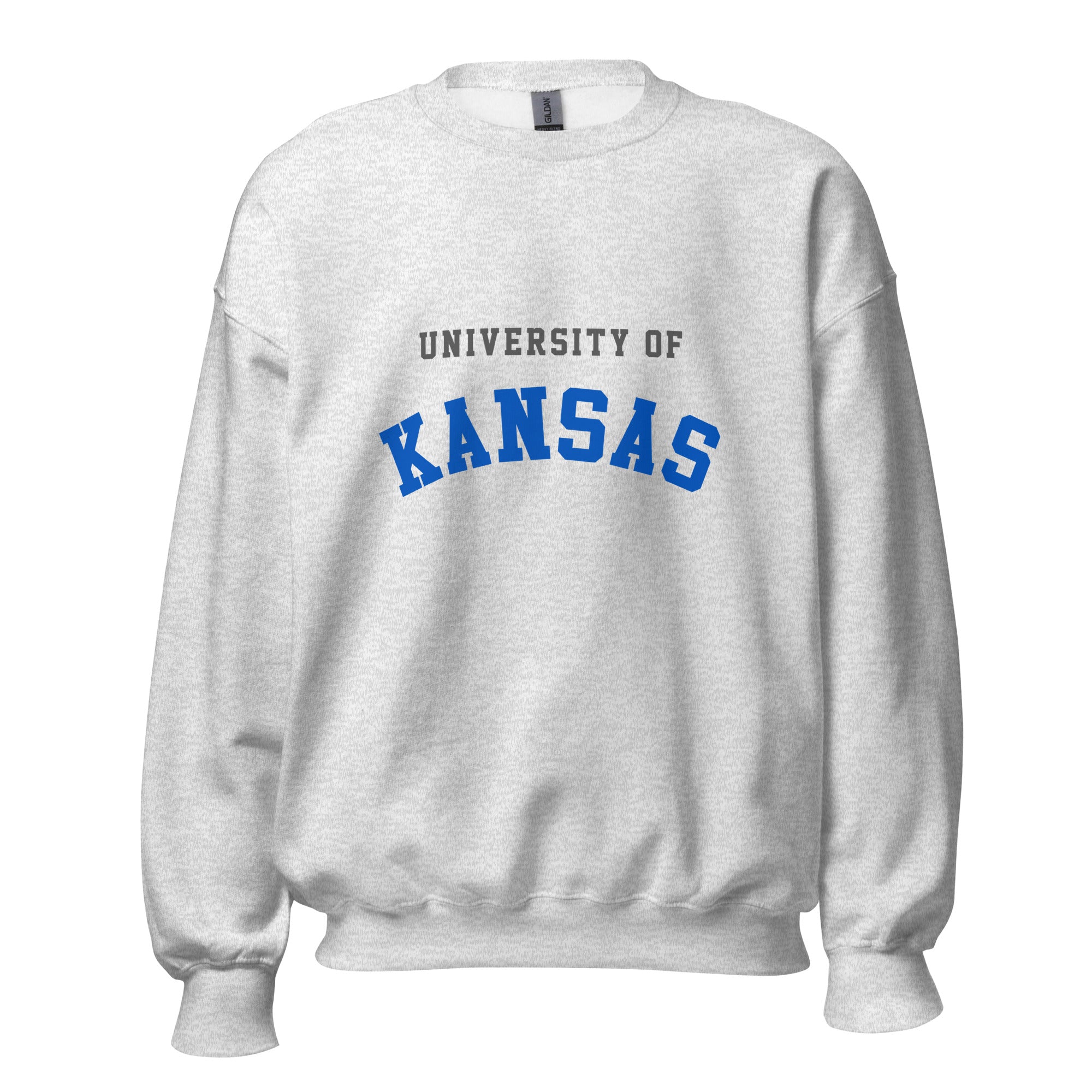 Unisex sweatshirt featuring University of Kansas name and branding in crimson and blue