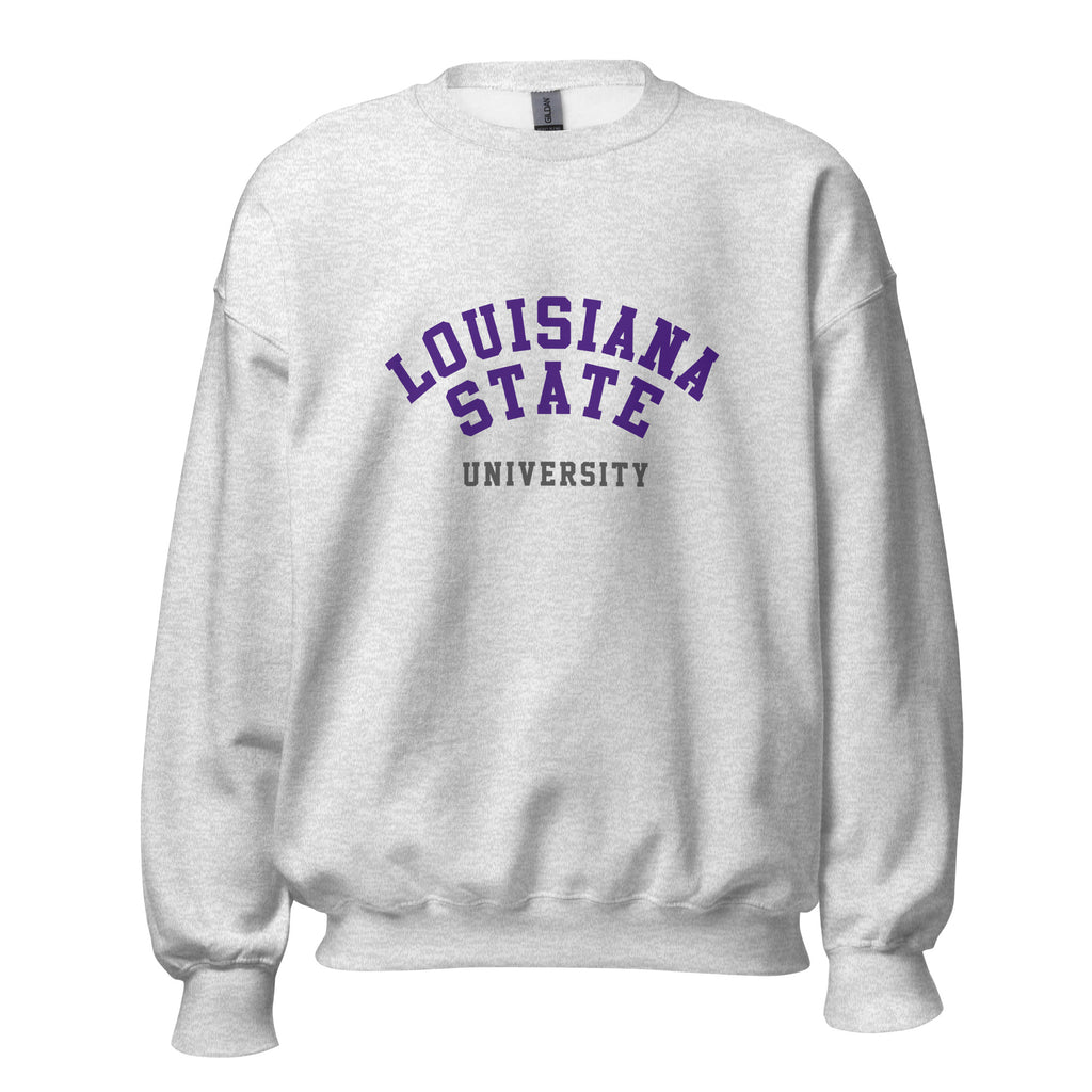 Unisex sweatshirt featuring Louisiana State University name and branding in purple and gold