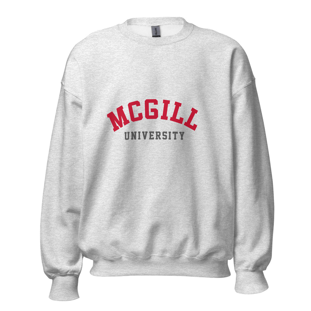 Unisex sweatshirt featuring McGill University name and branding in red and white