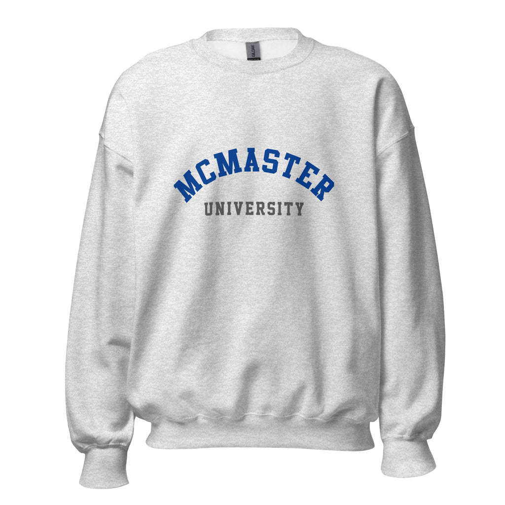 Unisex sweatshirt featuring McMaster University name and branding in maroon and gold