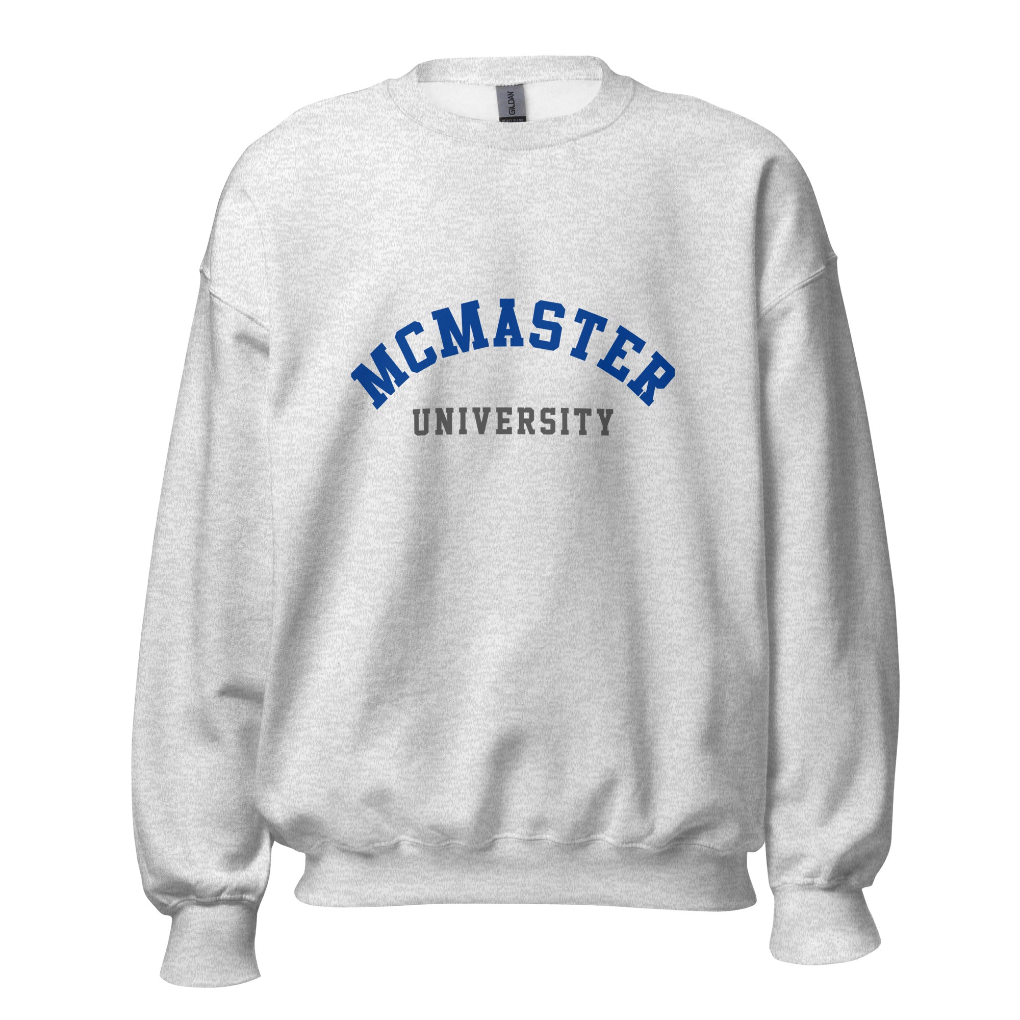Unisex sweatshirt featuring McMaster University name and branding in maroon and gold