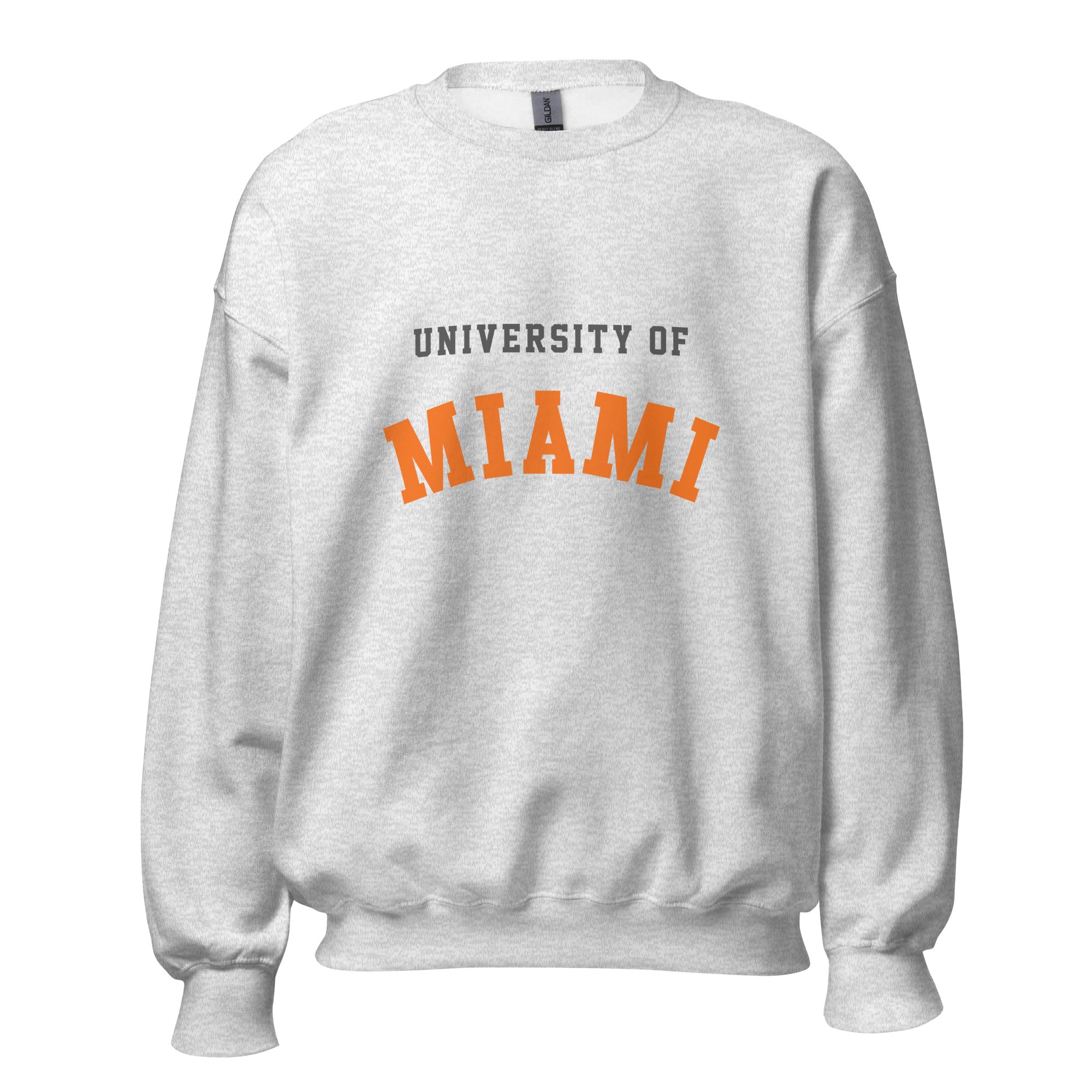 Unisex sweatshirt featuring University of Miami name and branding in orange, green, and white
