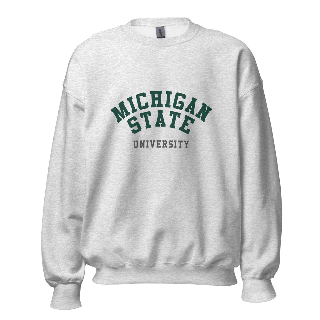 Unisex sweatshirt featuring Michigan State University name and branding in green and white
