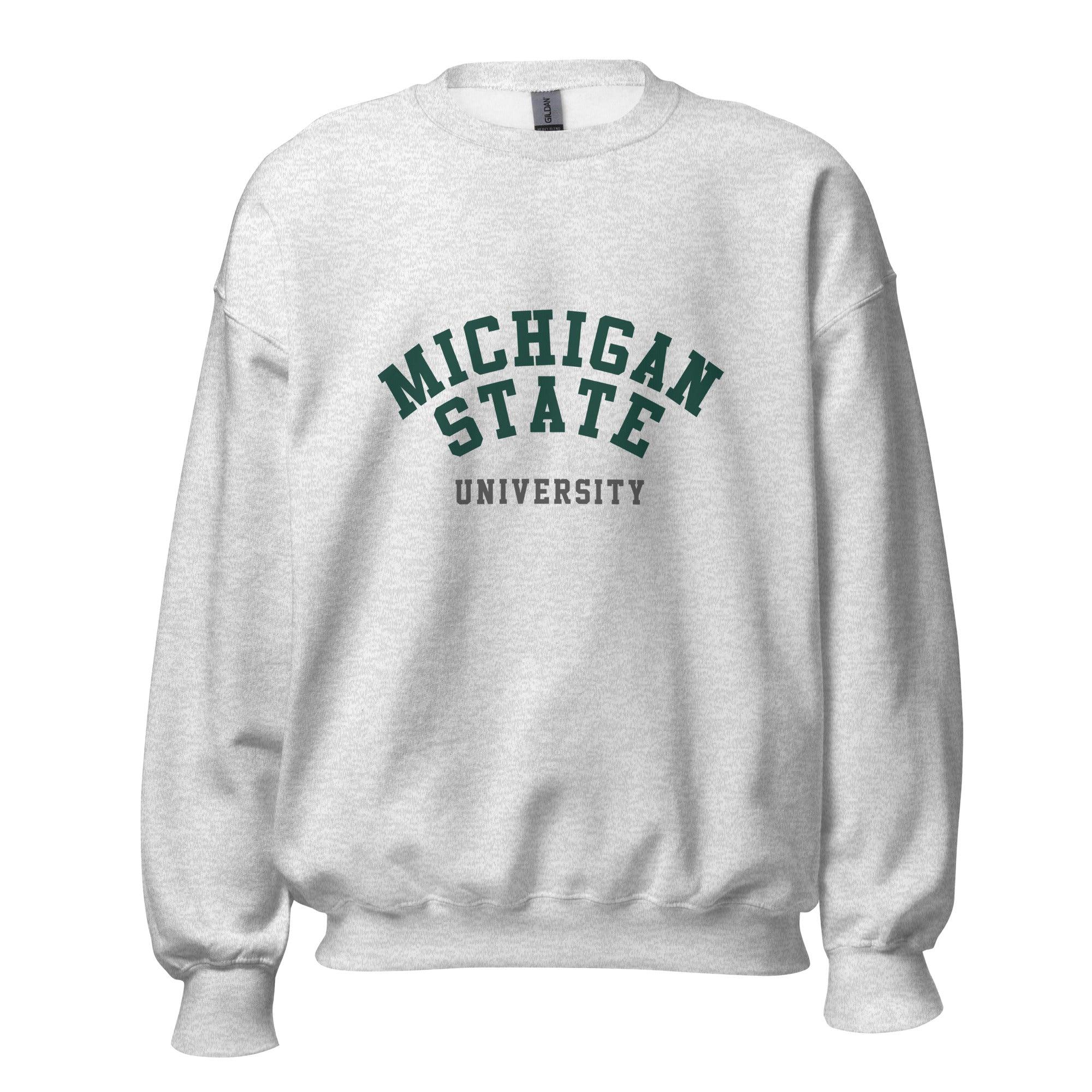 Unisex sweatshirt featuring Michigan State University name and branding in green and white