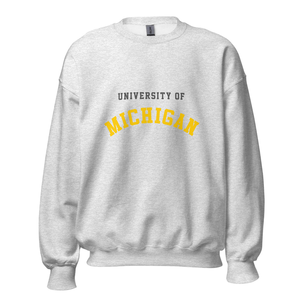 Unisex sweatshirt featuring University of Michigan name and branding in maize and blue