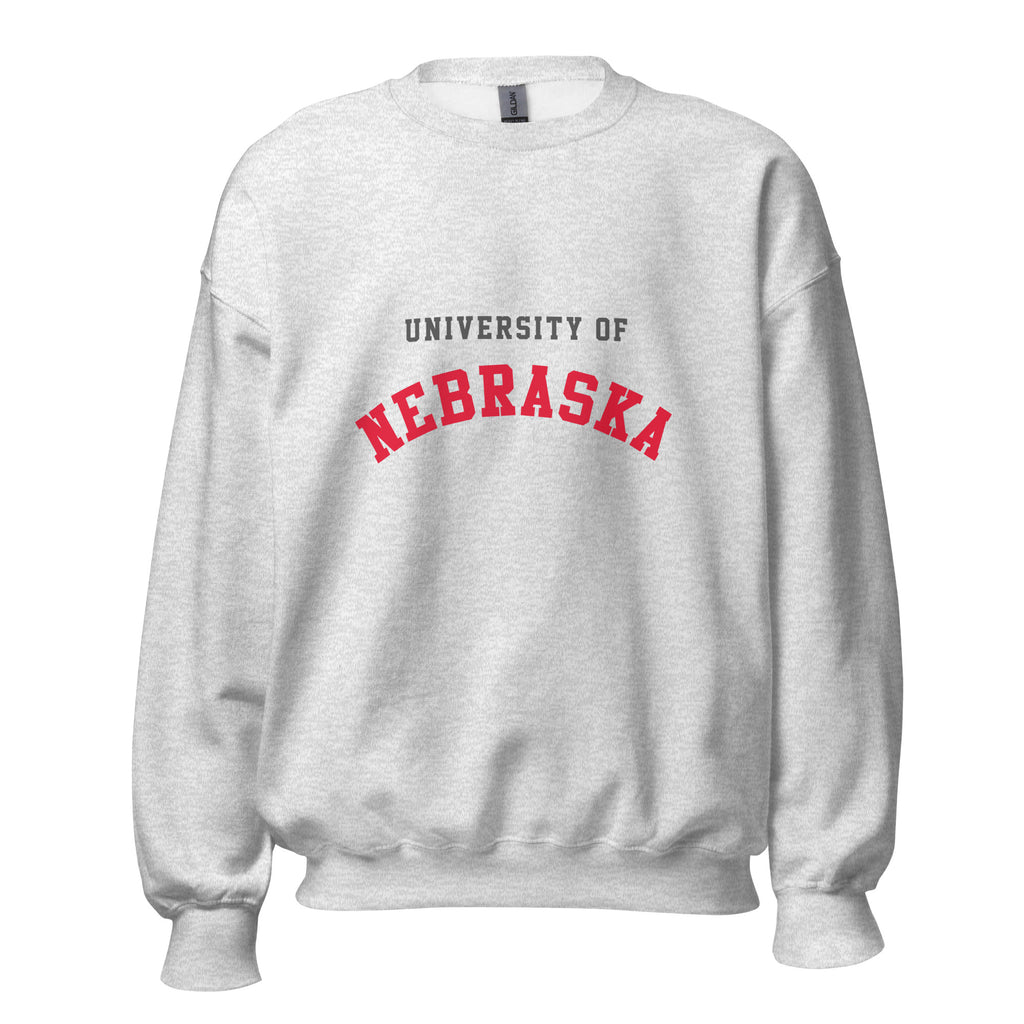 Unisex sweatshirt featuring University of Nebraska name and branding in scarlet and cream