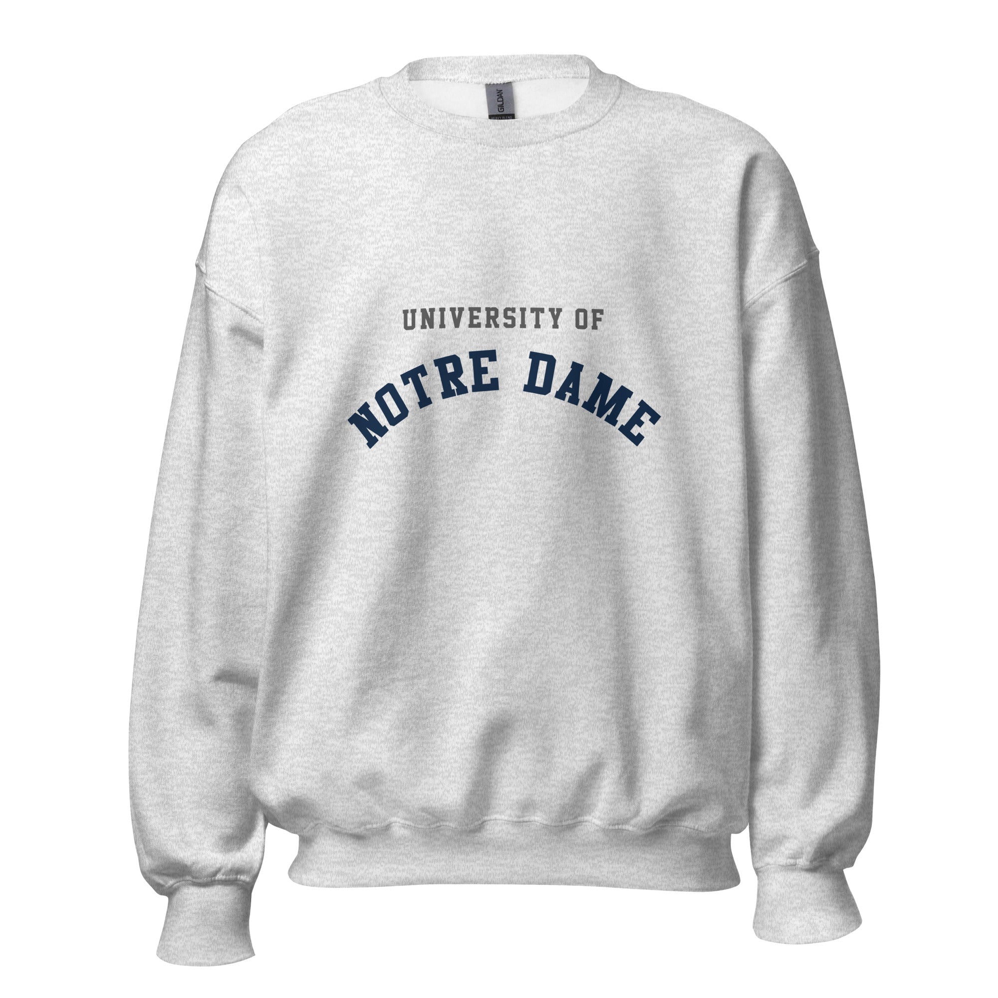 Unisex sweatshirt featuring University of Notre Dame name and branding in navy and gold