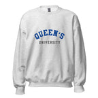 Unisex sweatshirt featuring Queen's University name and branding in blue and red