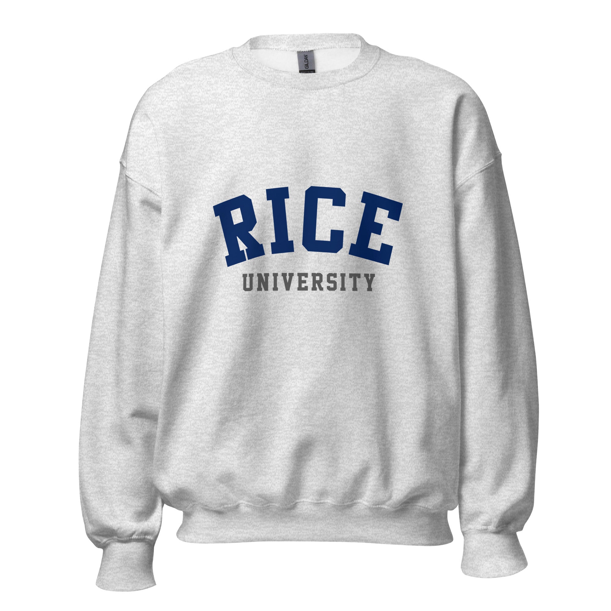 Unisex sweatshirt featuring Rice University name and branding in navy and grey