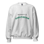 Unisex sweatshirt featuring University of Saskatchewan name and branding in green and gold