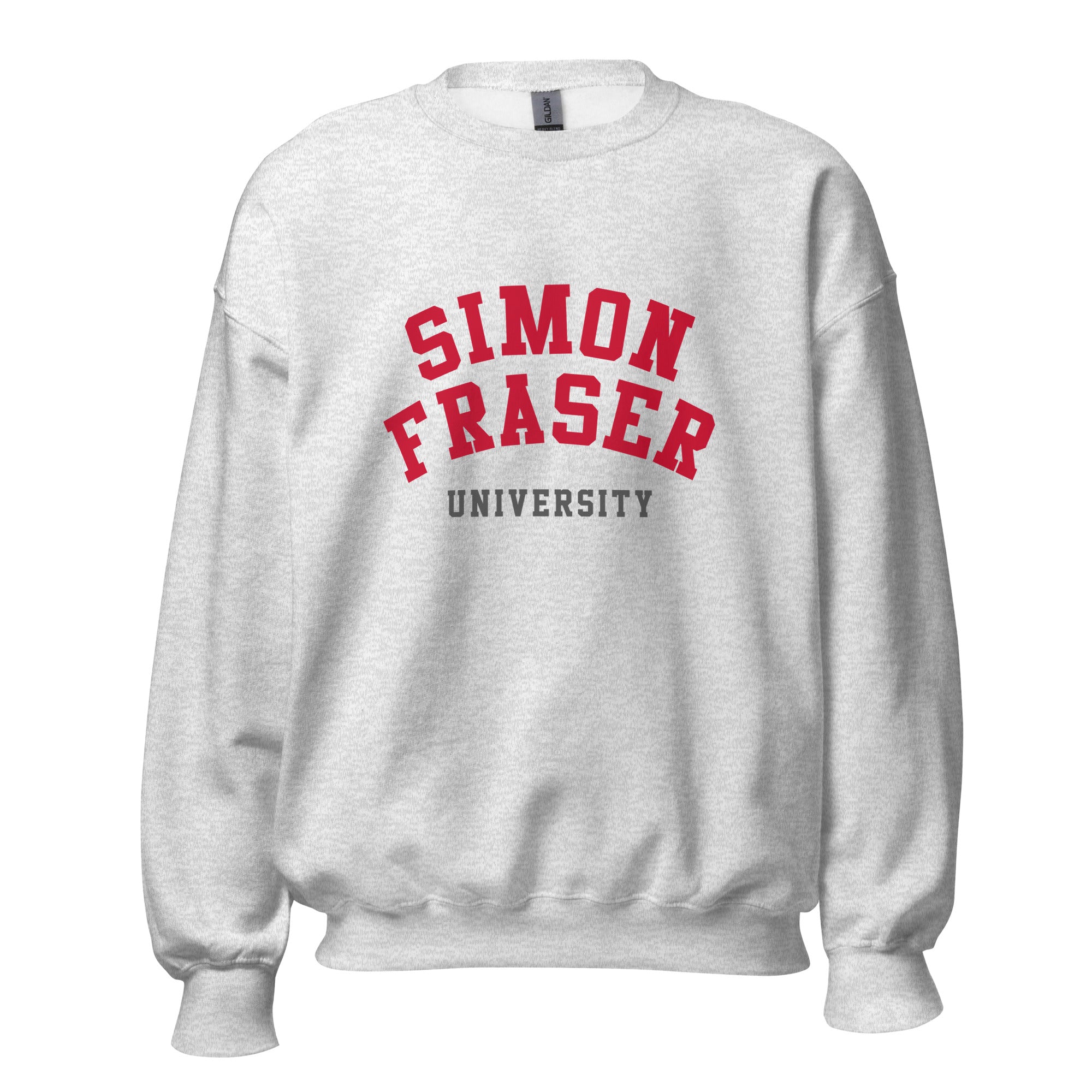 Unisex sweatshirt featuring Simon Fraser University name and branding in red and white