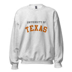 Unisex sweatshirt featuring University of Texas name and branding in burnt orange and white