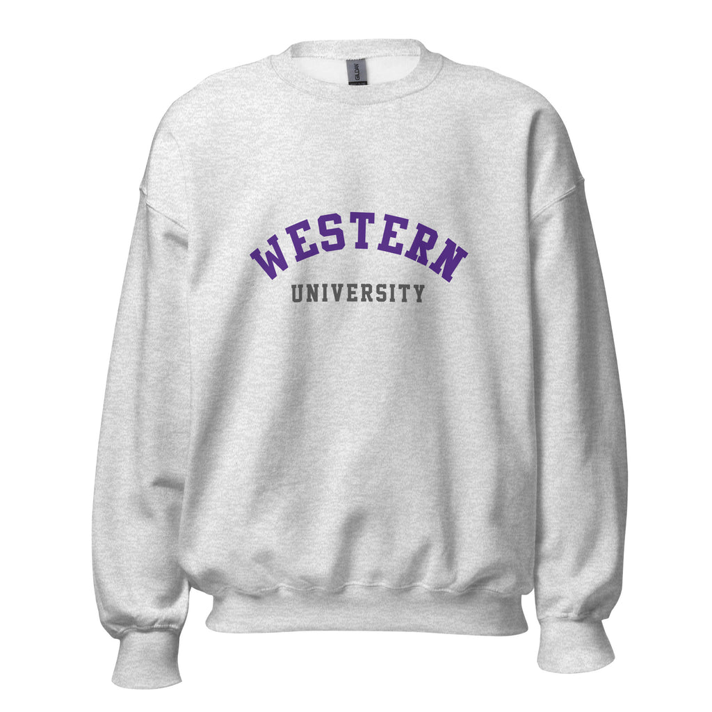 Unisex sweatshirt featuring Western University name and branding in purple and white