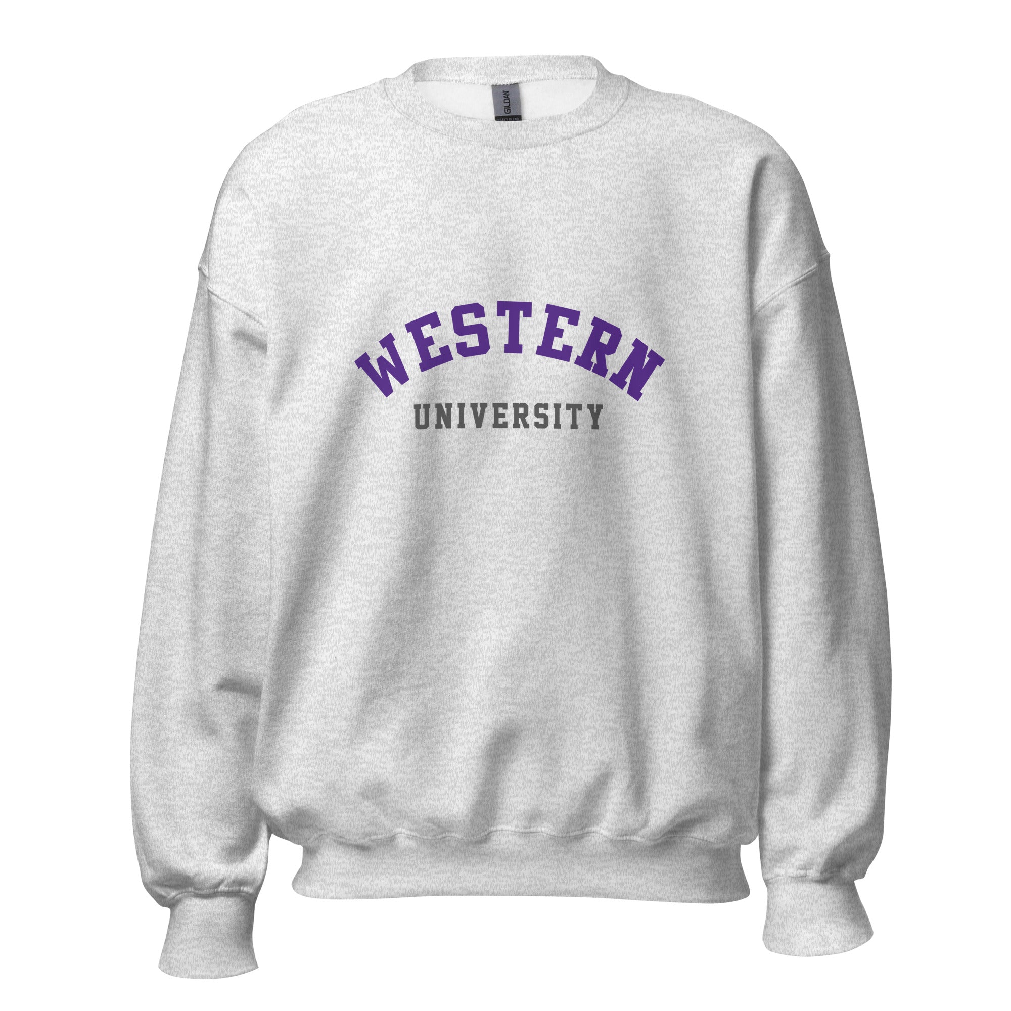 Unisex sweatshirt featuring Western University name and branding in purple and white
