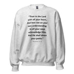 Unisex navy blue sweatshirt with Proverbs 3:5-6 Bible verse printed in black text on front