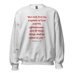 Unisex navy blue sweatshirt with Matthew 6:33 Bible verse printed in red text on front