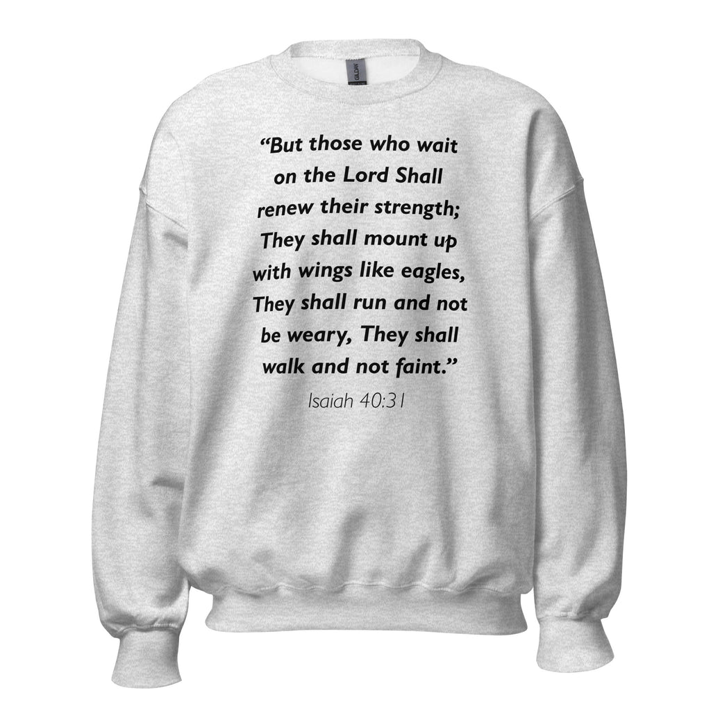 Unisex black sweatshirt with Isaiah 40:31 Bible verse printed in black text on front