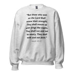 Unisex black sweatshirt with Isaiah 40:31 Bible verse printed in black text on front
