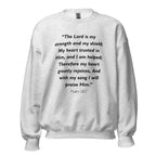 Unisex black sweatshirt with Psalm 28:7 Bible verse printed in black text on front