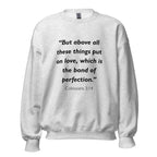 Unisex heather gray sweatshirt with Colossians 3:14 Bible verse printed in black text on front